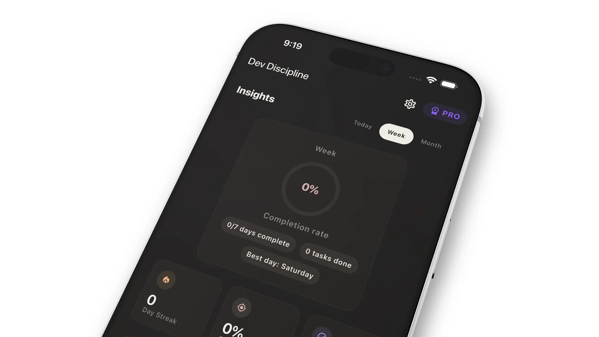 Dev Discipline insights screen with progress trends and completion history