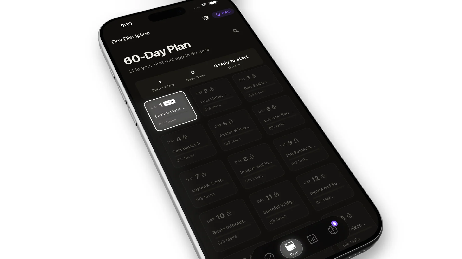 Dev Discipline 60-day plan view with structured daily tasks