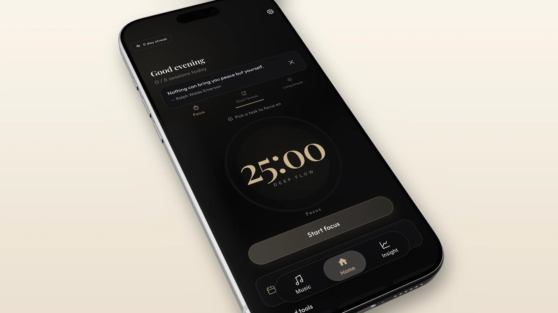 Focus Flow home screen with an active focus timer session