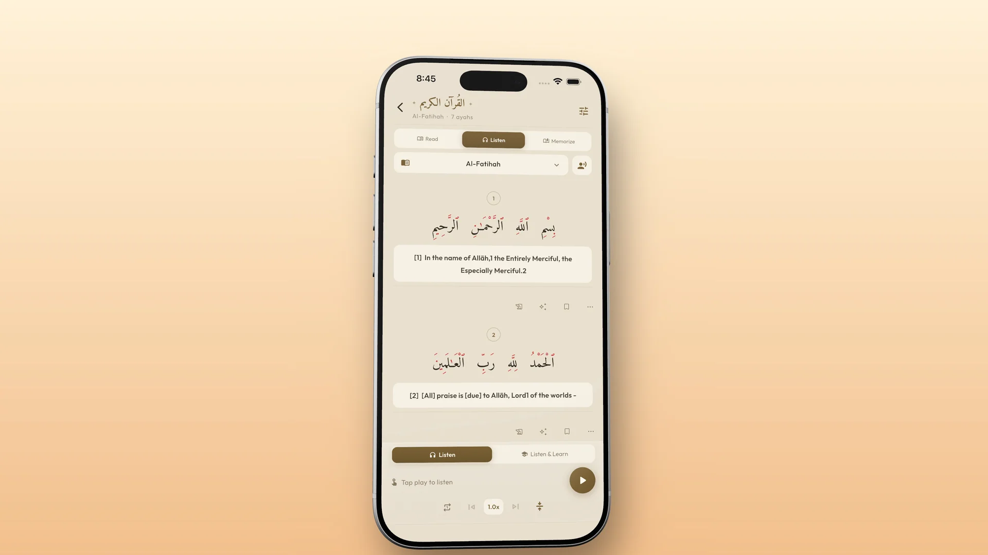 Raha Quran read and listen screen in a calm reading layout
